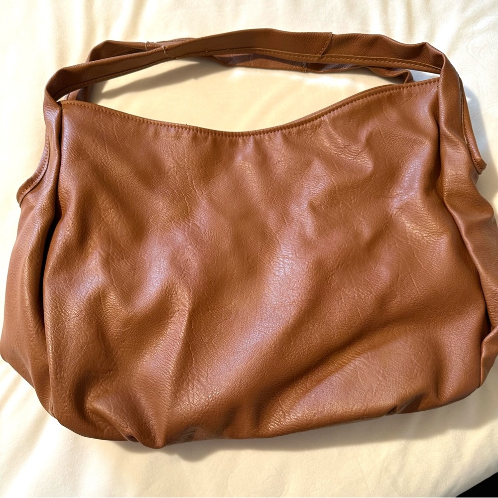 Leather-like, camel colored bag